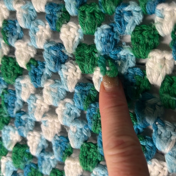 Vintage Handmade Afghan Blanket Throw Crocheted Granny 72 X 70 cream green blue - Picture 6 of 9